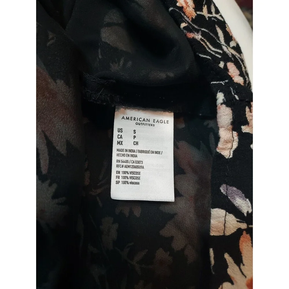 American Eagle Babydoll Dress Mini Short Tie Back Puff Sleeve Black Floral S‎